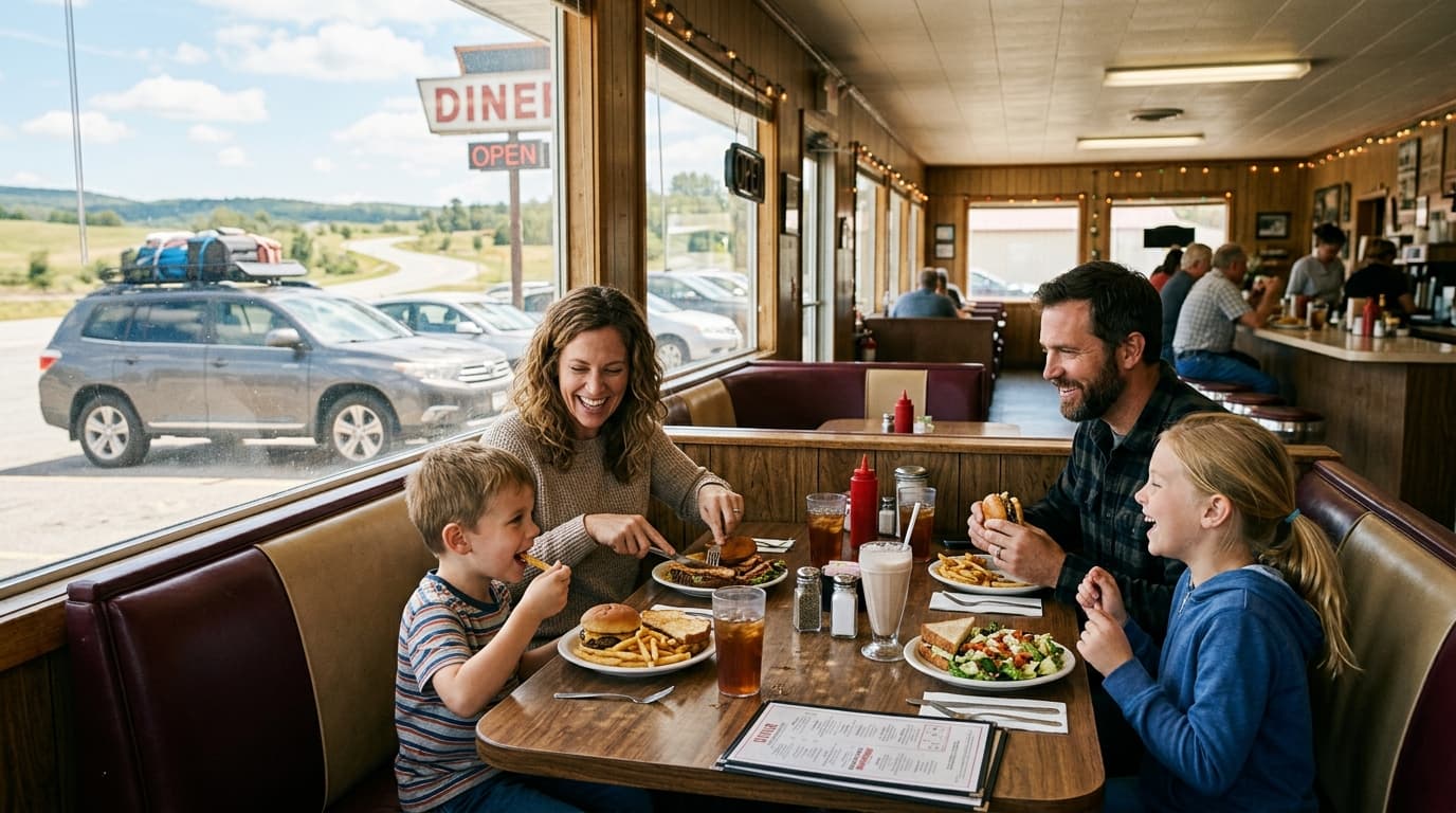 Family sharing a meal at a roadside diner during a road trip