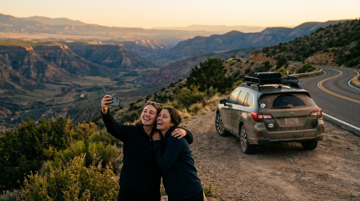 Scenic overlook stop with a valley view and parked car