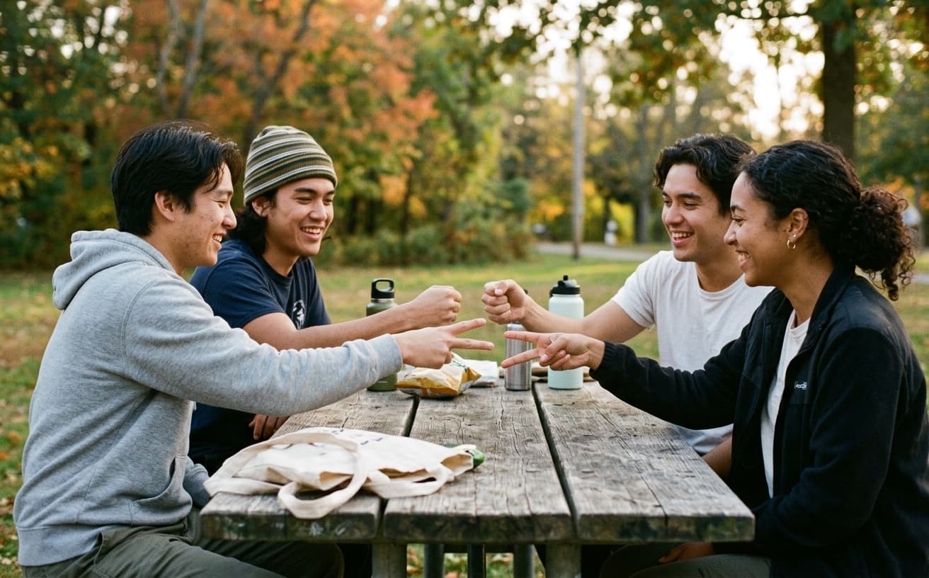 Friends playing hand game at a picnic table