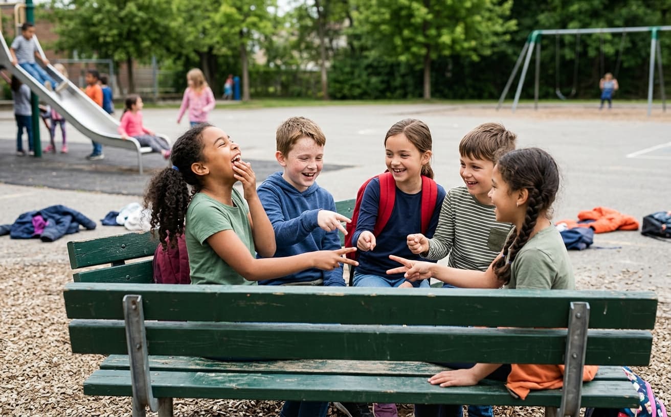 Kids laughing on a playground bench
