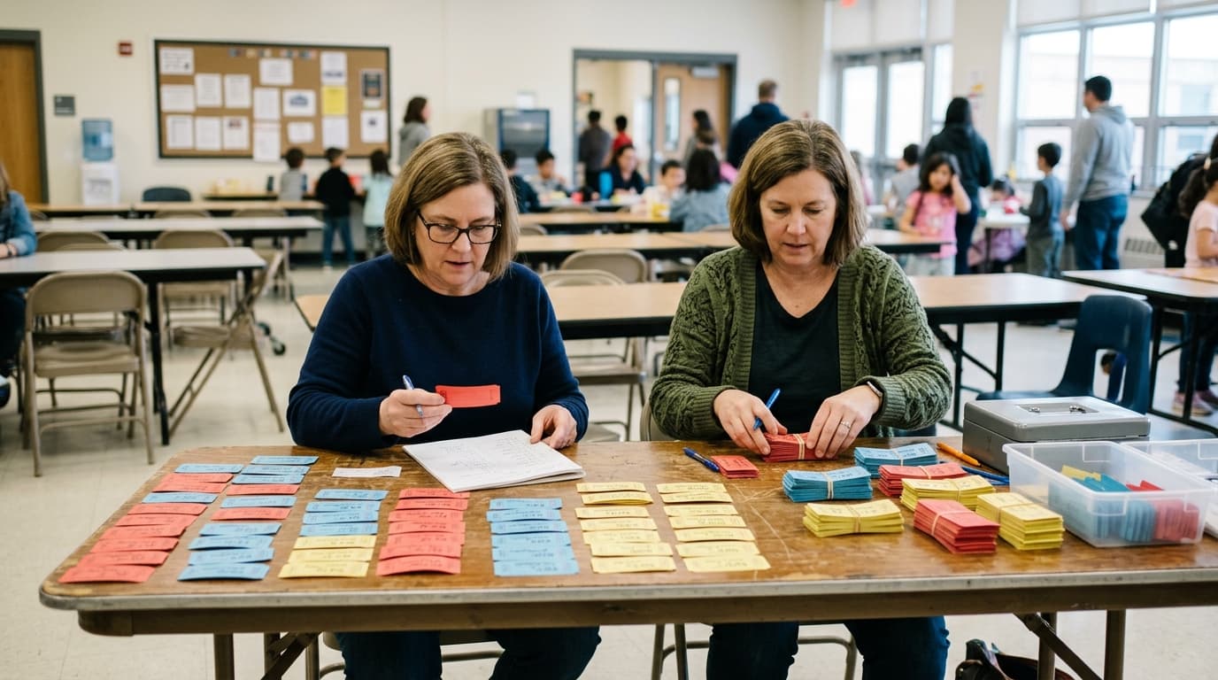 PTA volunteers verifying raffle tickets before a school draw
