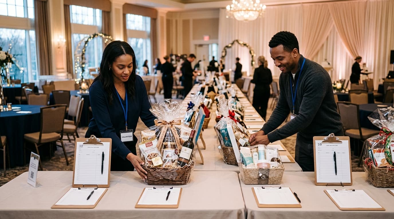 Volunteers arranging silent auction baskets at a school gala
