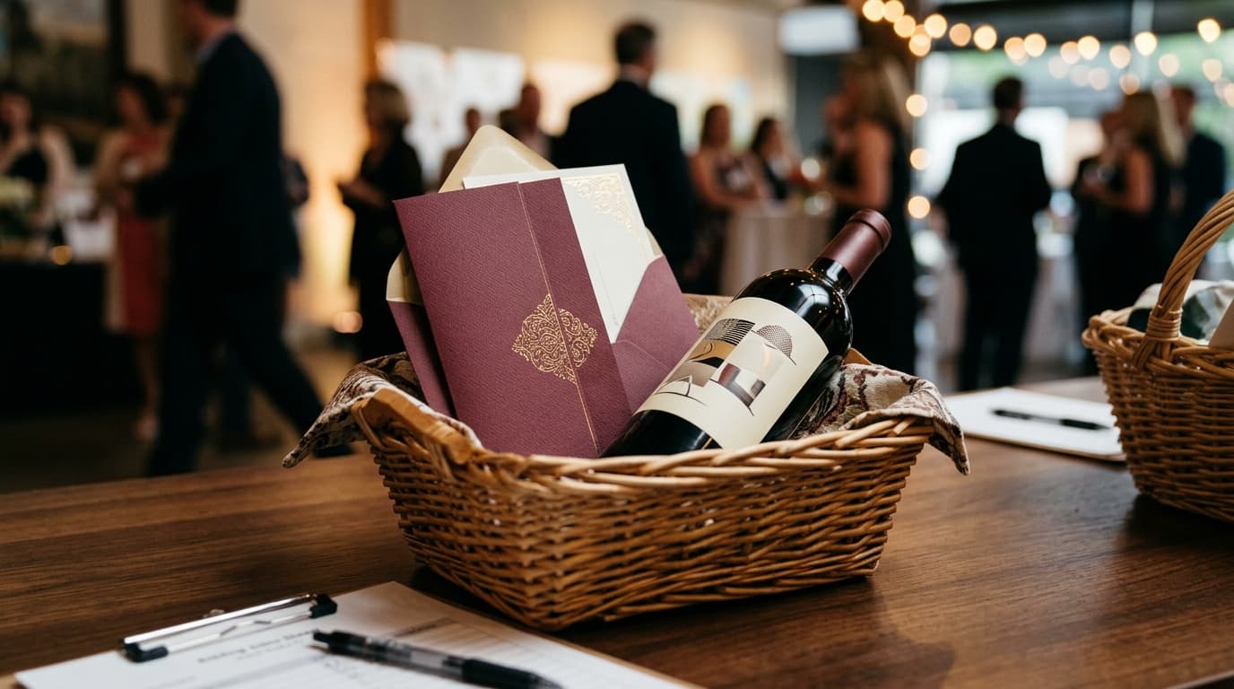 Spa and wine gift basket on an auction display table