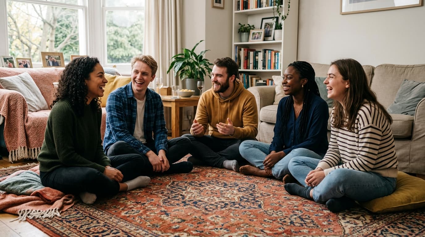 Friends laughing in a circle on a living room rug