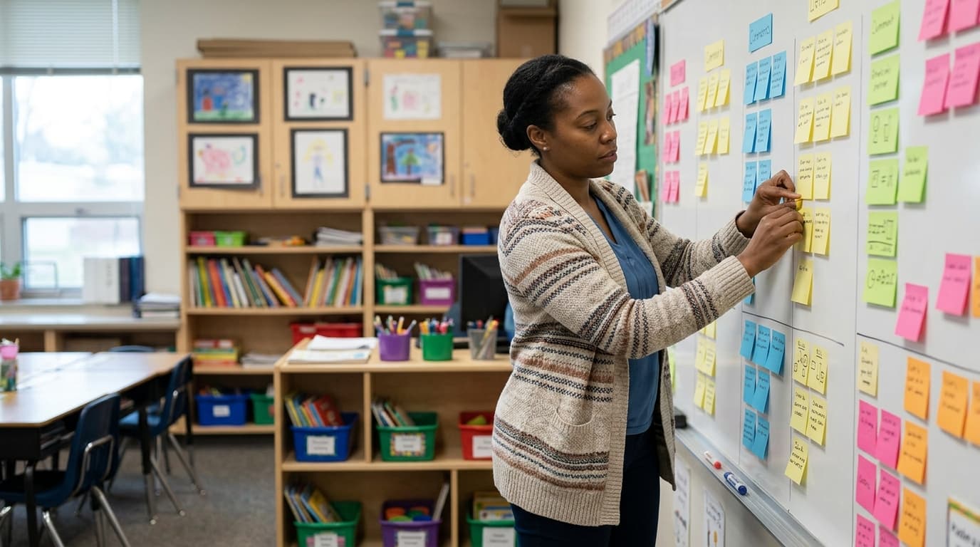 Teacher arranging color-coded sticky notes on a whiteboard