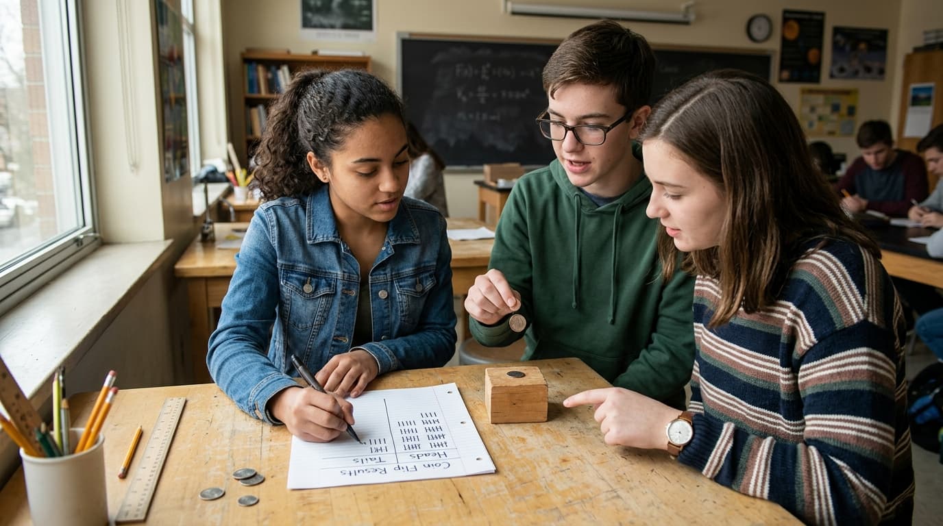 Students tallying coin flip results on graph paper