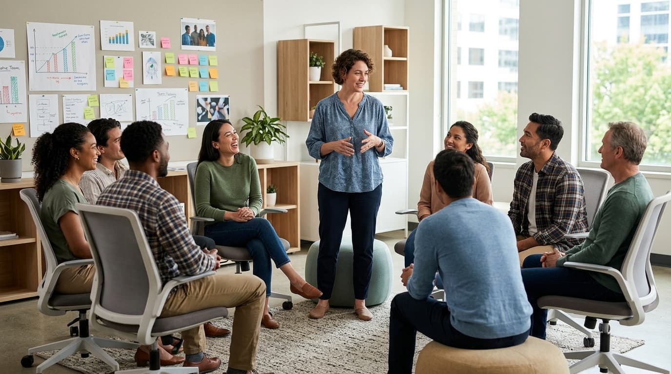 Facilitator leading a team icebreaker in a bright office