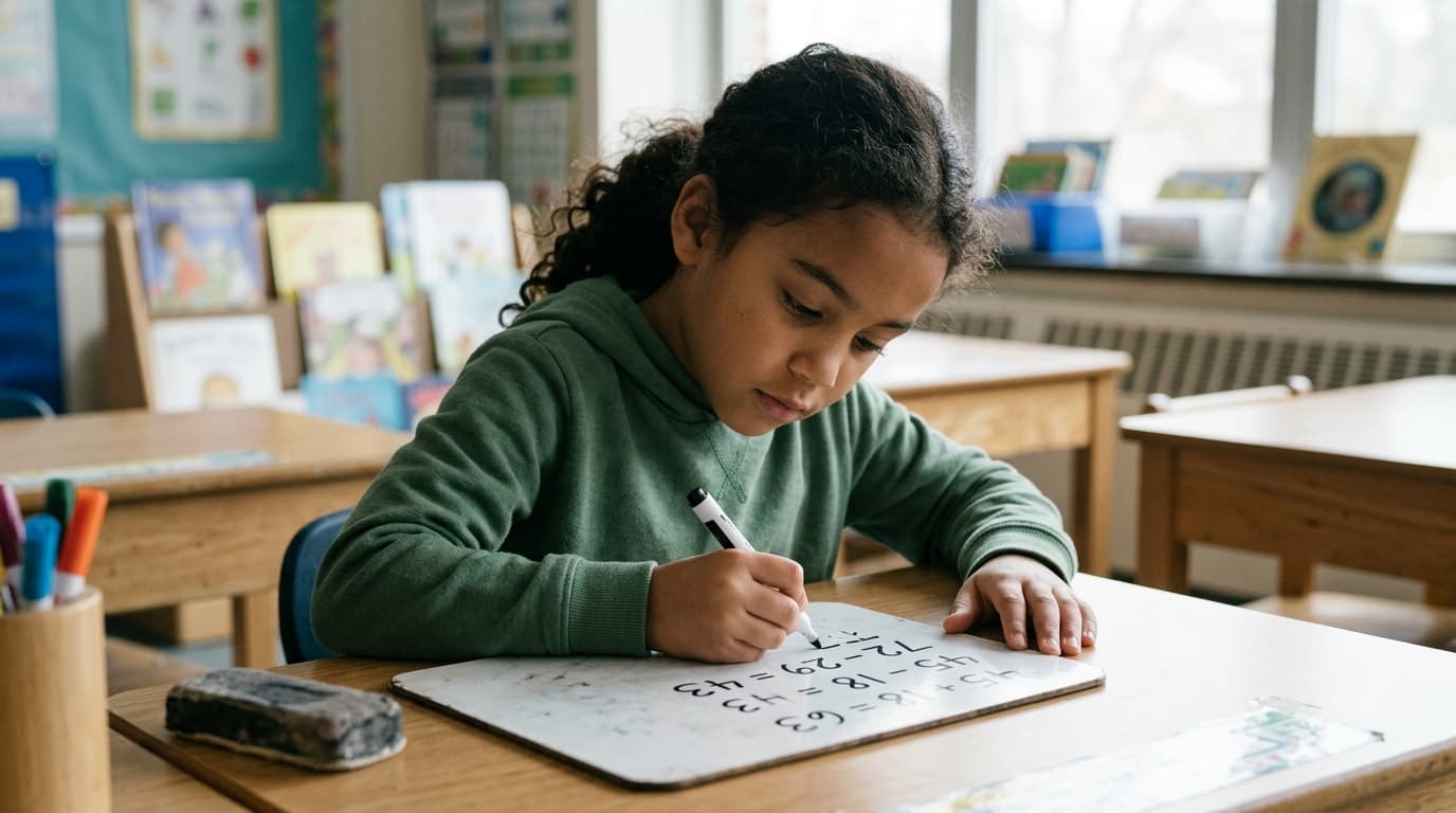 Student practicing mental math on a classroom whiteboard