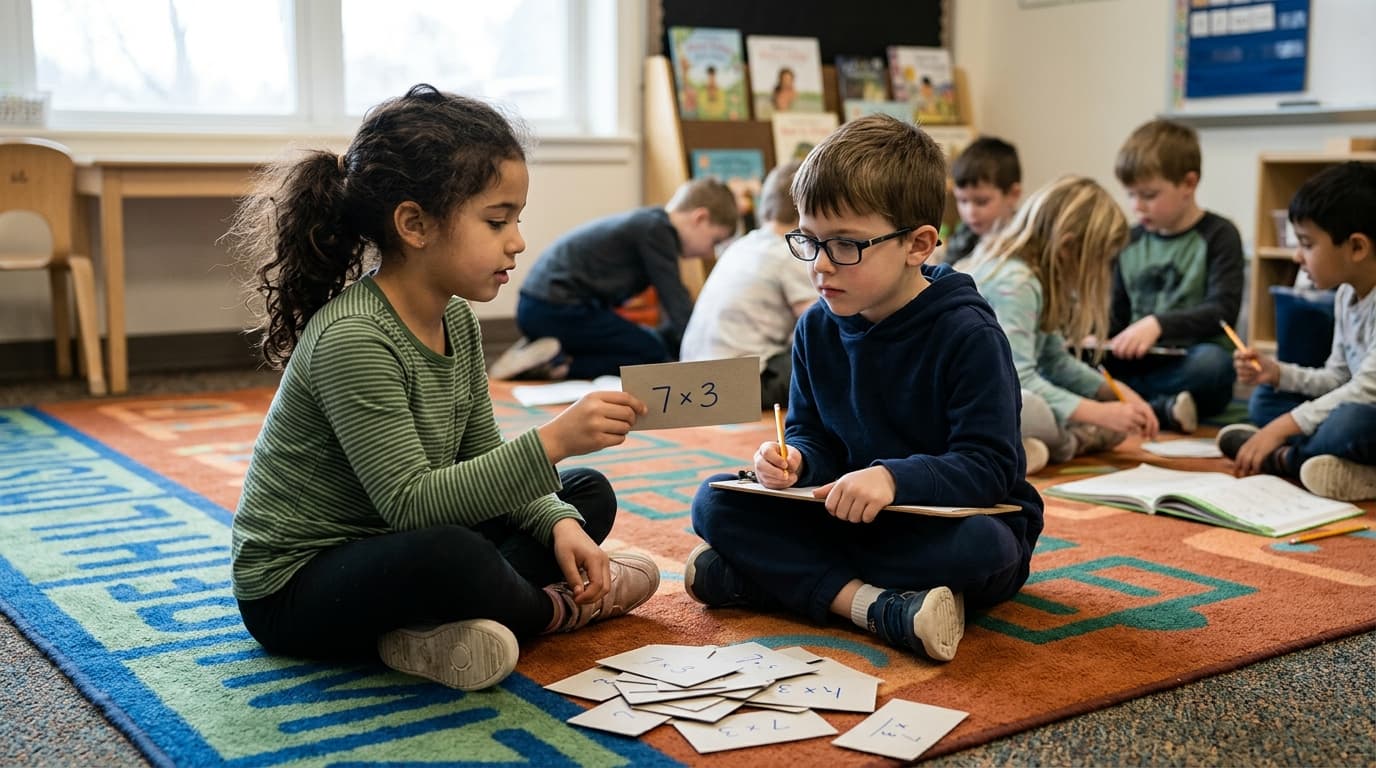 Partners reviewing math facts with flashcards on the rug