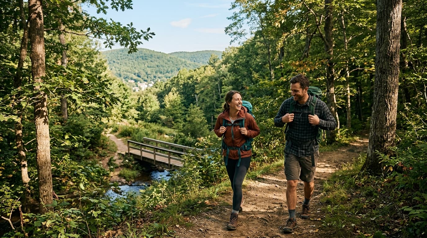 Couple hiking a local trail on a staycation day