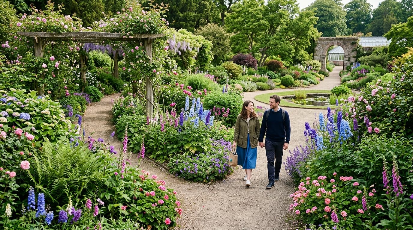 Path through a botanical garden in bloom