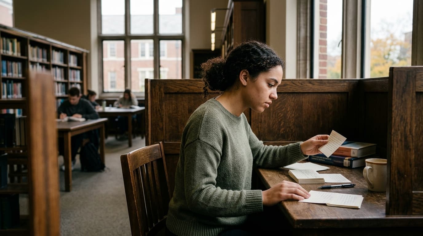 Student using flashcards at a library carrel