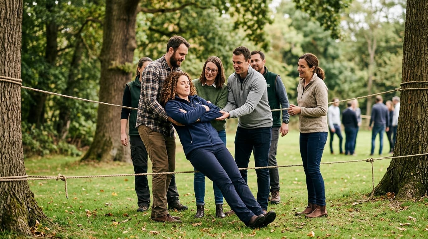 Colleagues doing a team trust exercise outdoors