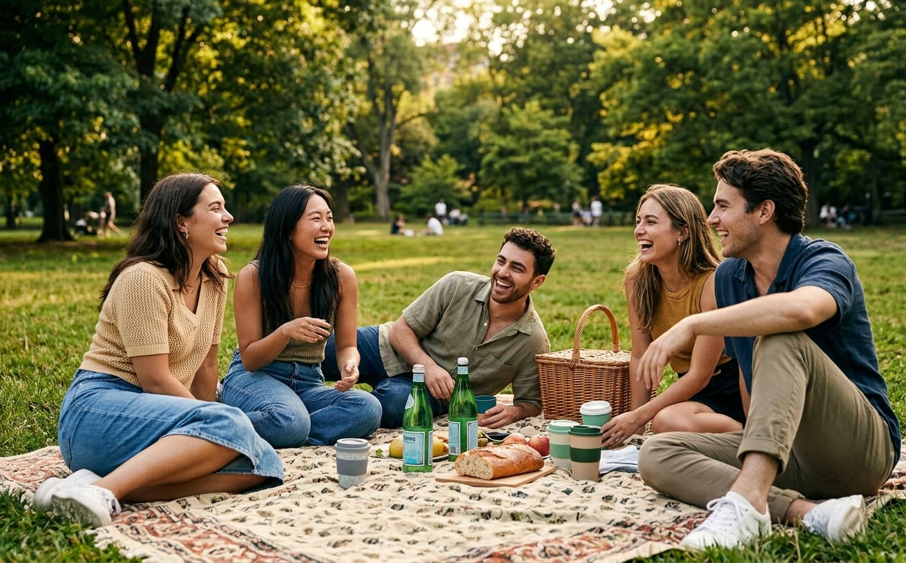 Friends laughing on a picnic blanket