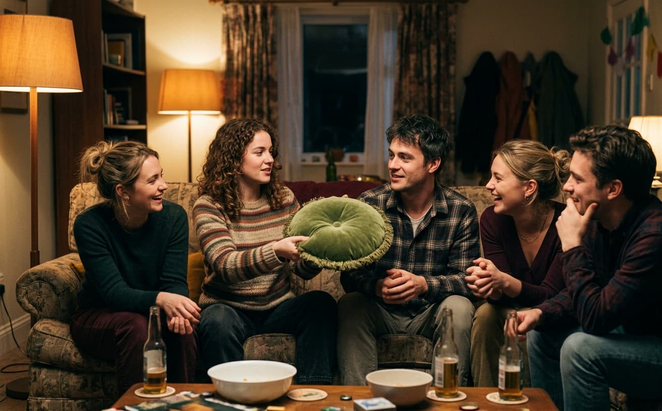 Group passing a pillow on a sofa