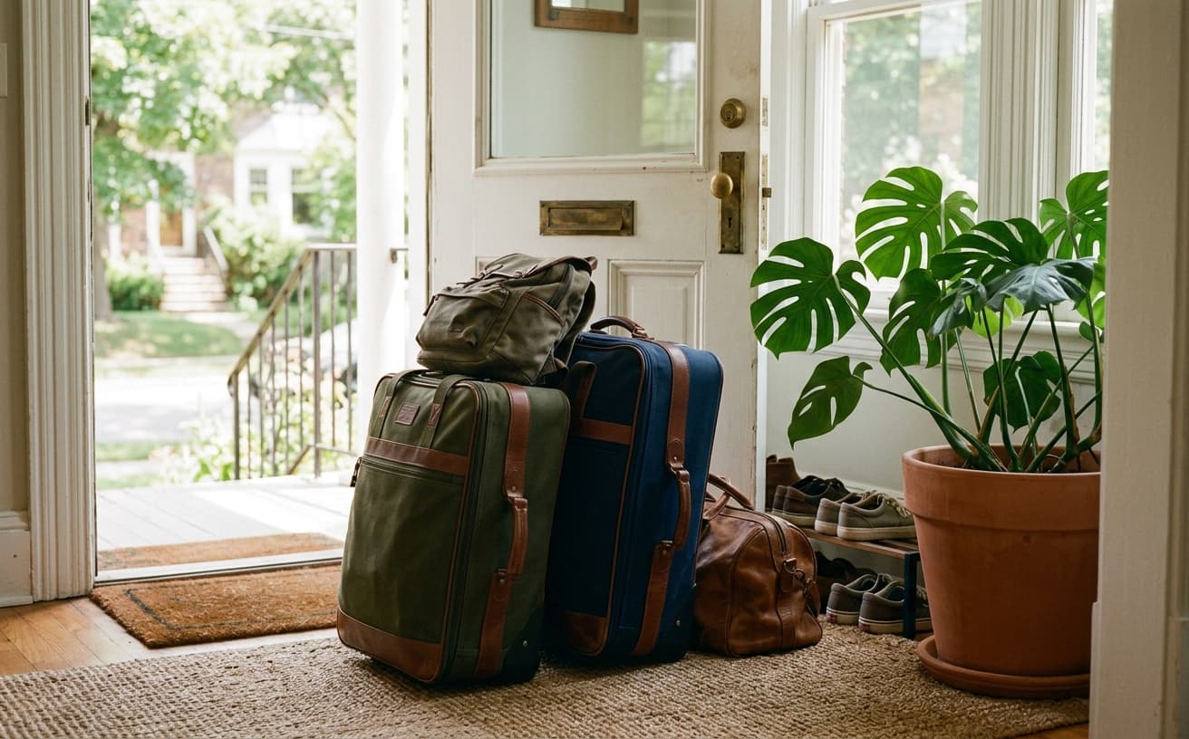 Packed suitcases by a front door