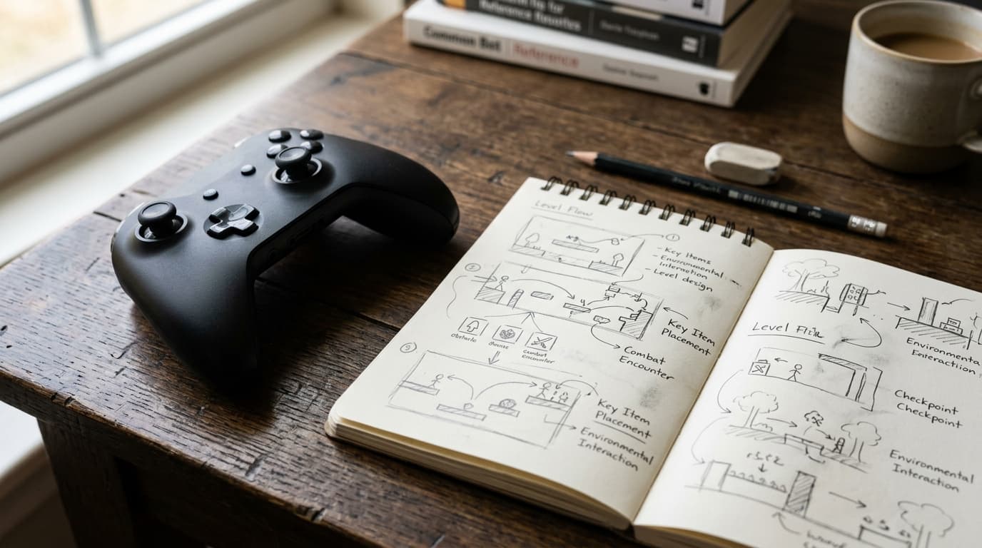 Game controller beside a notebook of level design sketches