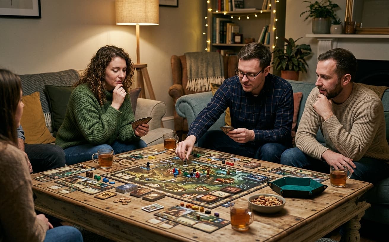 Board game night on a living room table