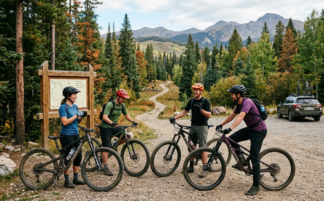Friends with bikes at a trailhead