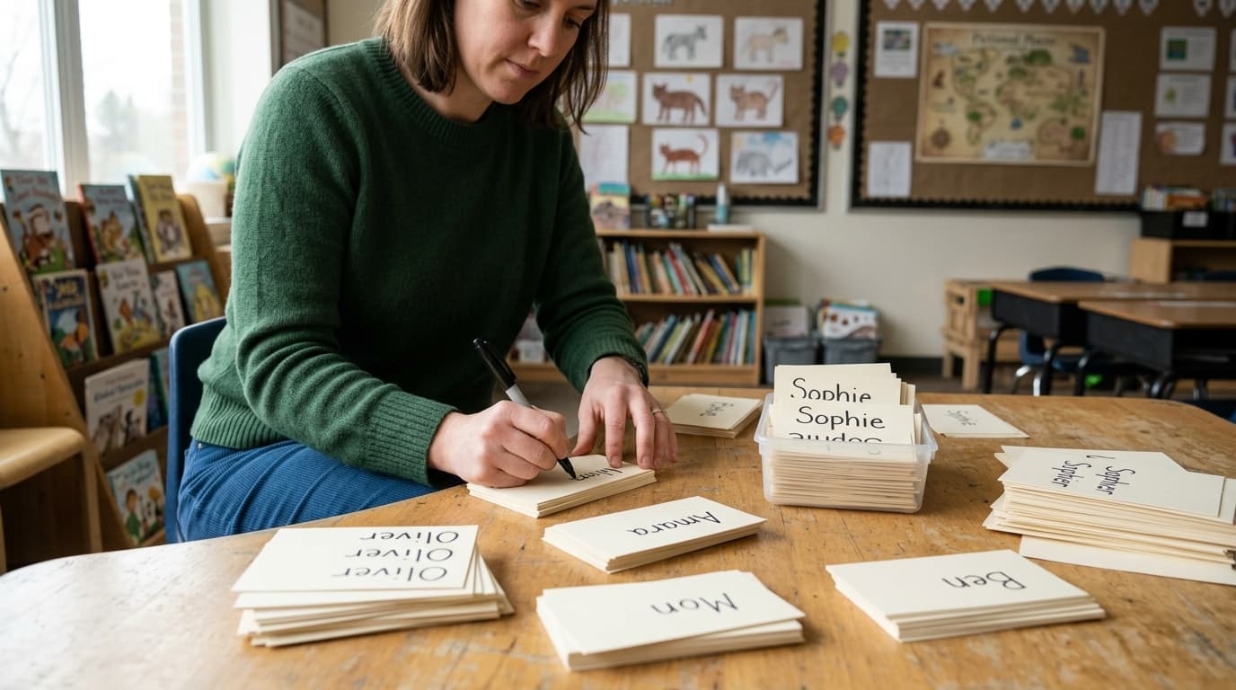 Teacher preparing weighted name cards for a fair classroom draw