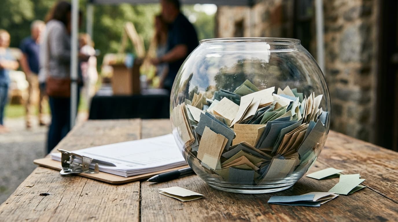 Raffle tickets in a bowl beside a clipboard for giveaway odds