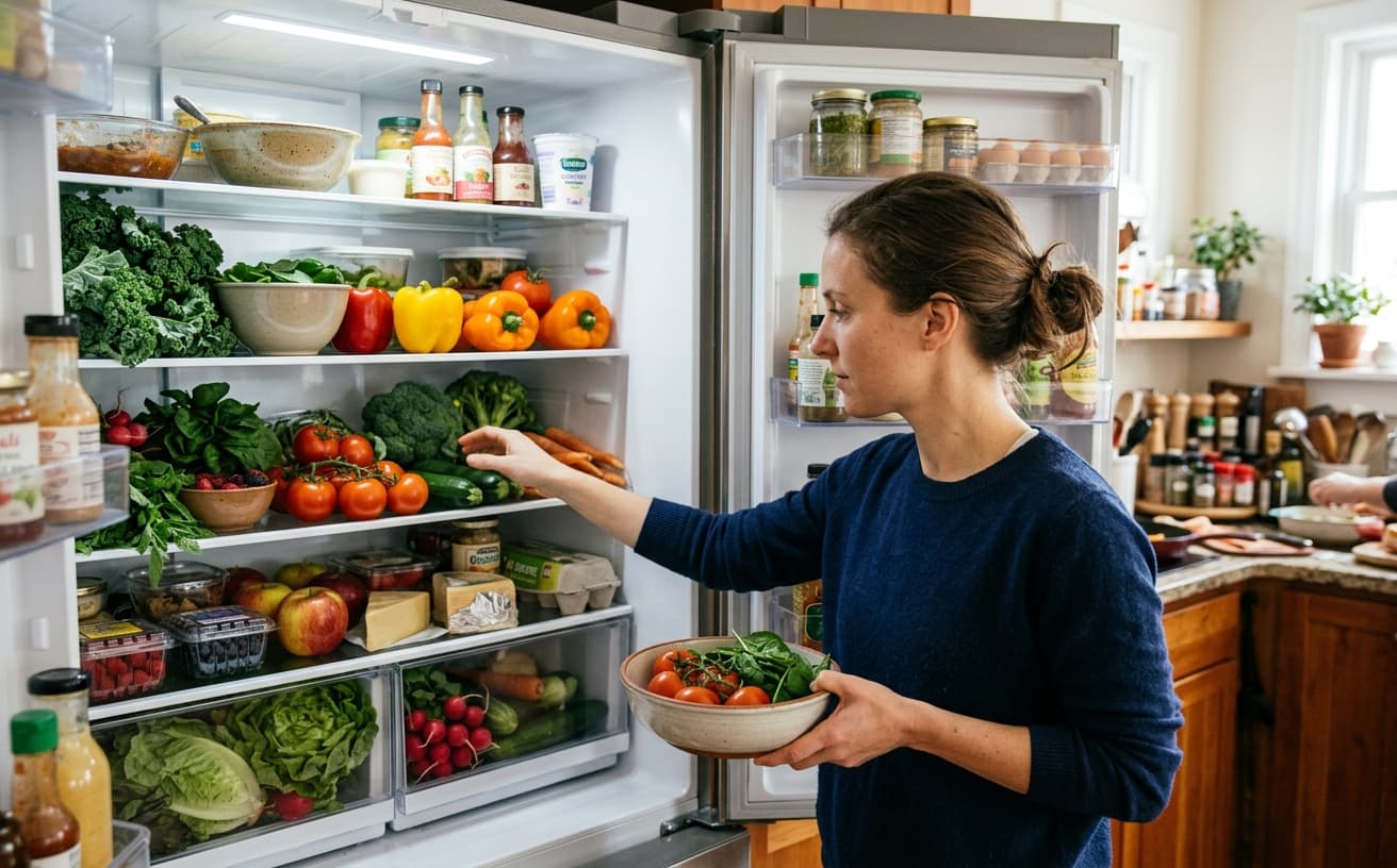 Open refrigerator with ingredients