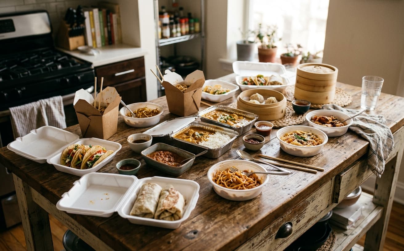 Takeout containers on a kitchen island