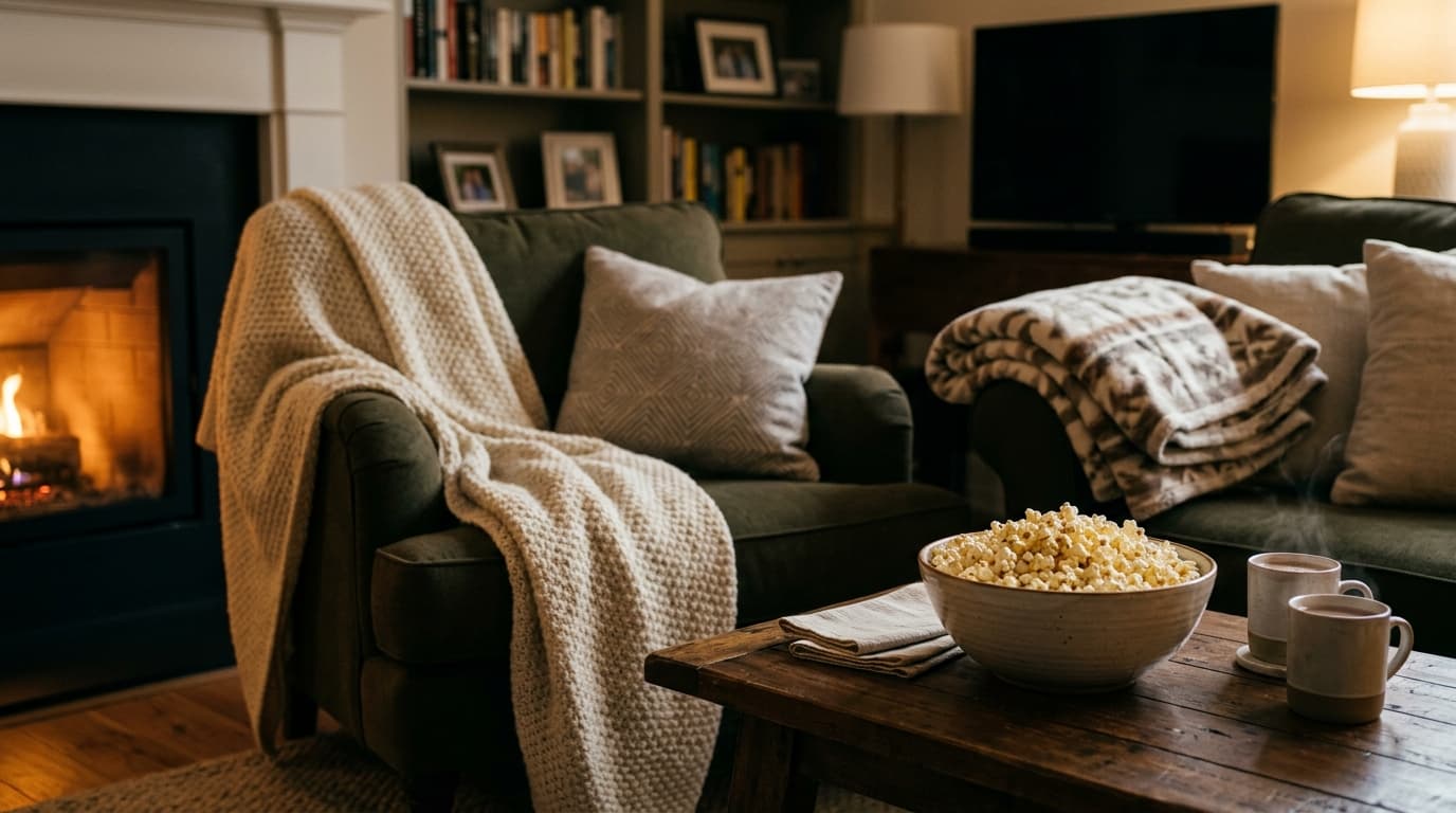 Popcorn and blankets ready on a sofa for a home screening