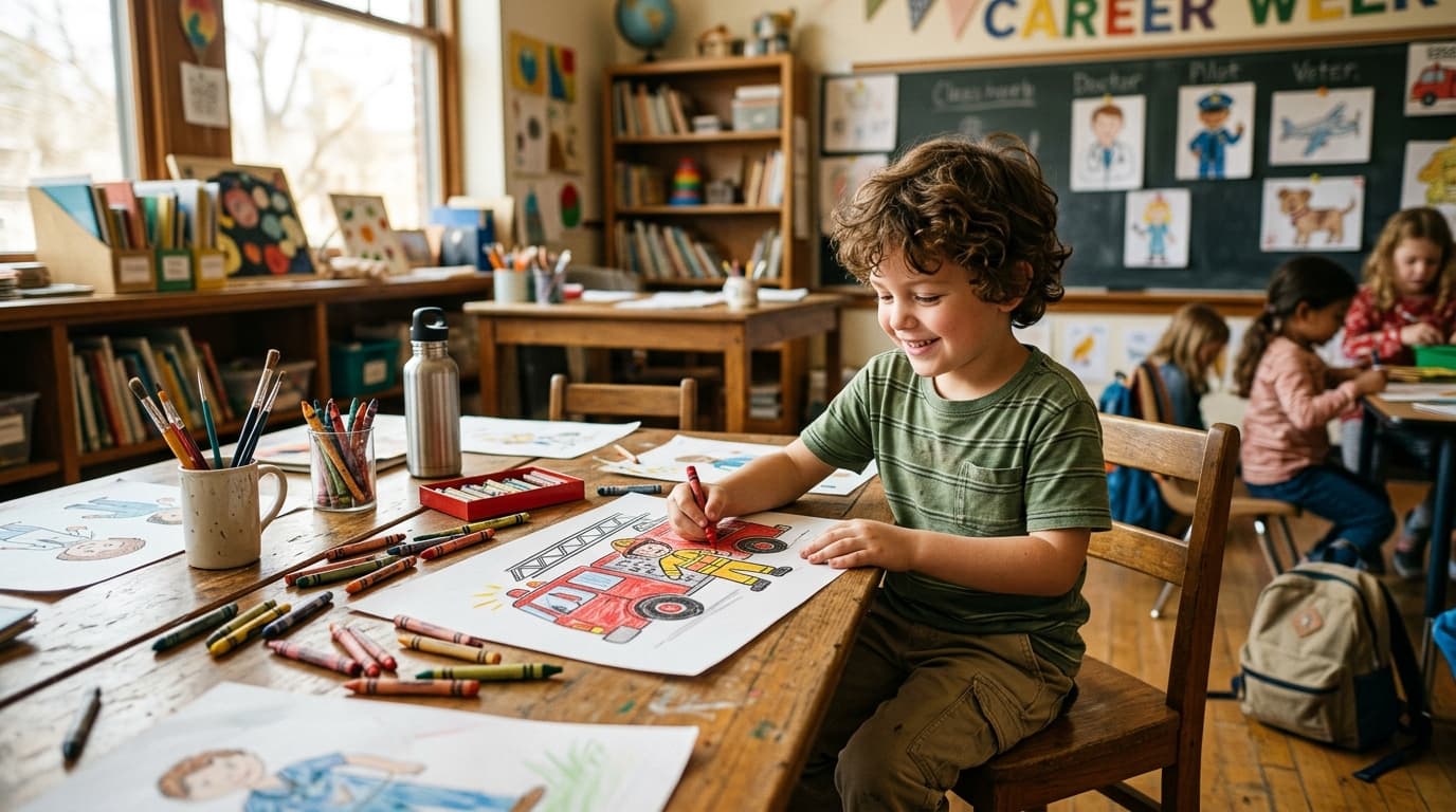 Child drawing a future career with crayons during career week