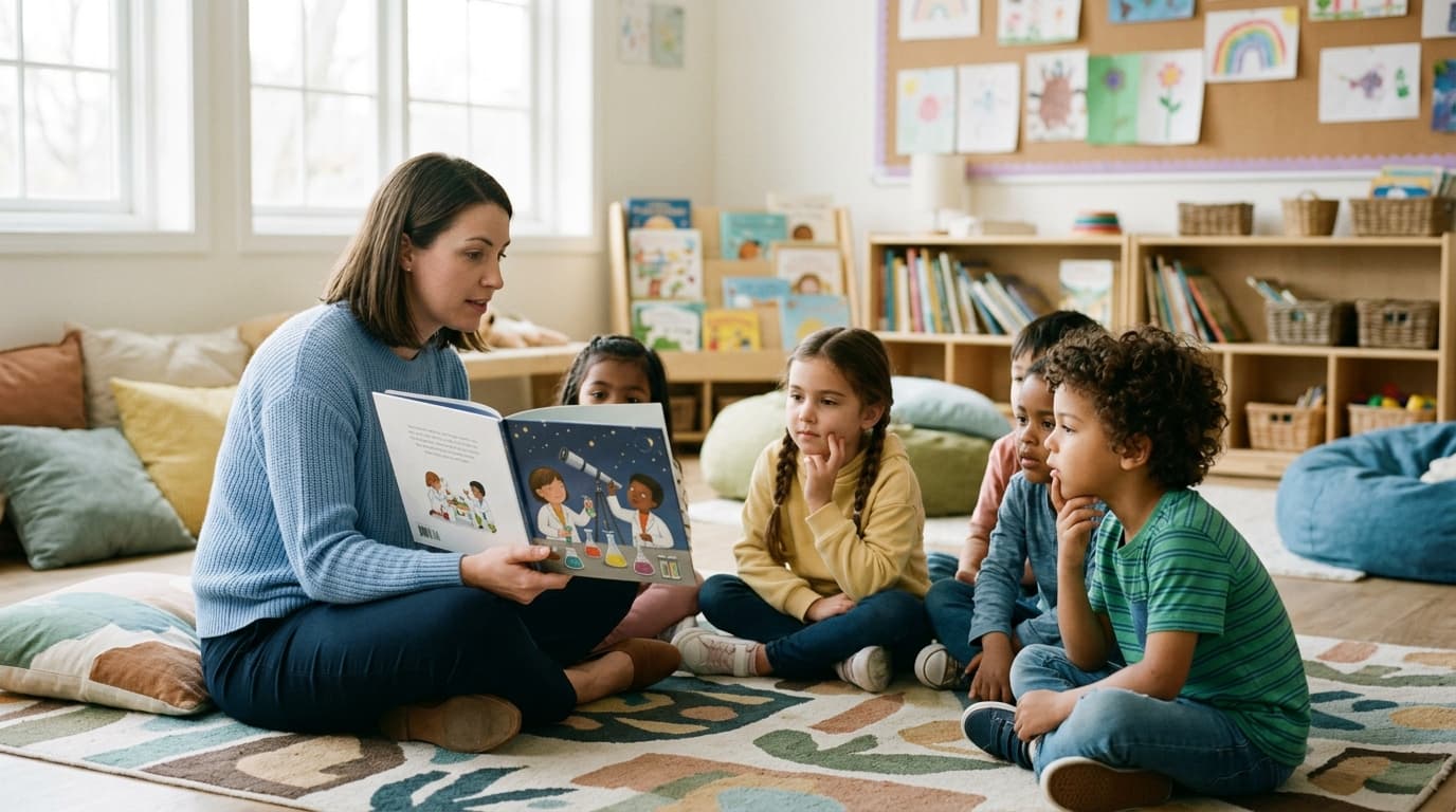 Teacher reading an aspiration picture book to kindergarten students