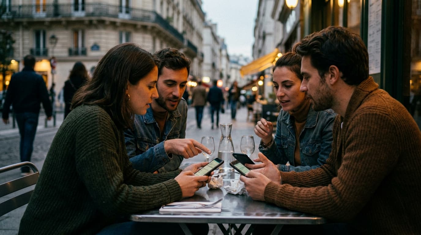Friends comparing restaurant options on phones