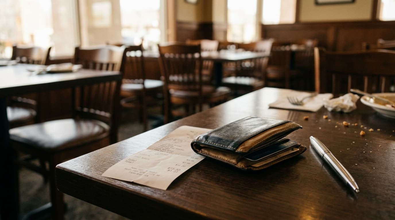 Wallet and receipt on a restaurant table