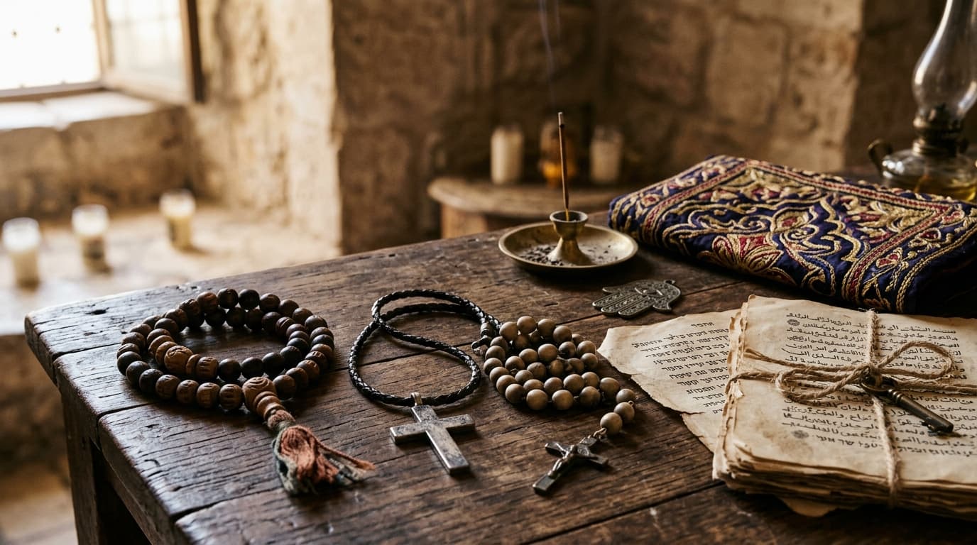 Neutral still life of candle and prayer beads for religion unit