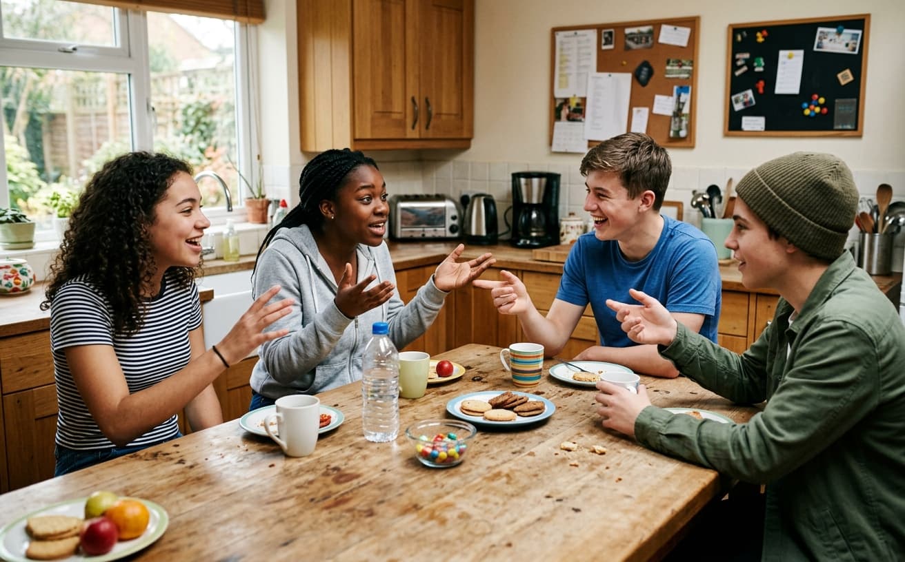 Teens chatting at a kitchen island
