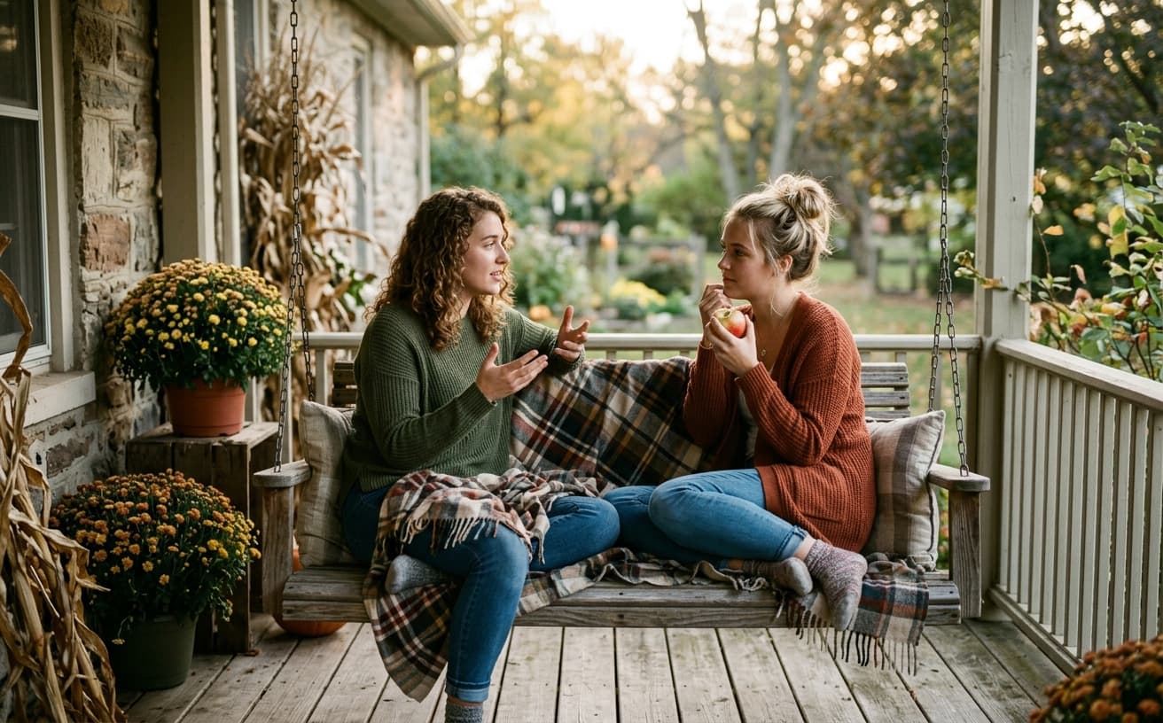 Friends debating on a porch swing