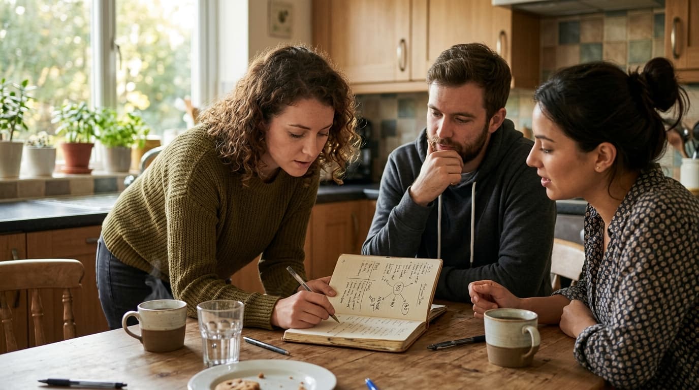 Friends discussing a decision at a kitchen table