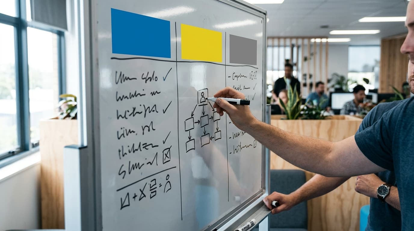 Whiteboard with color-coded decision columns in a meeting room